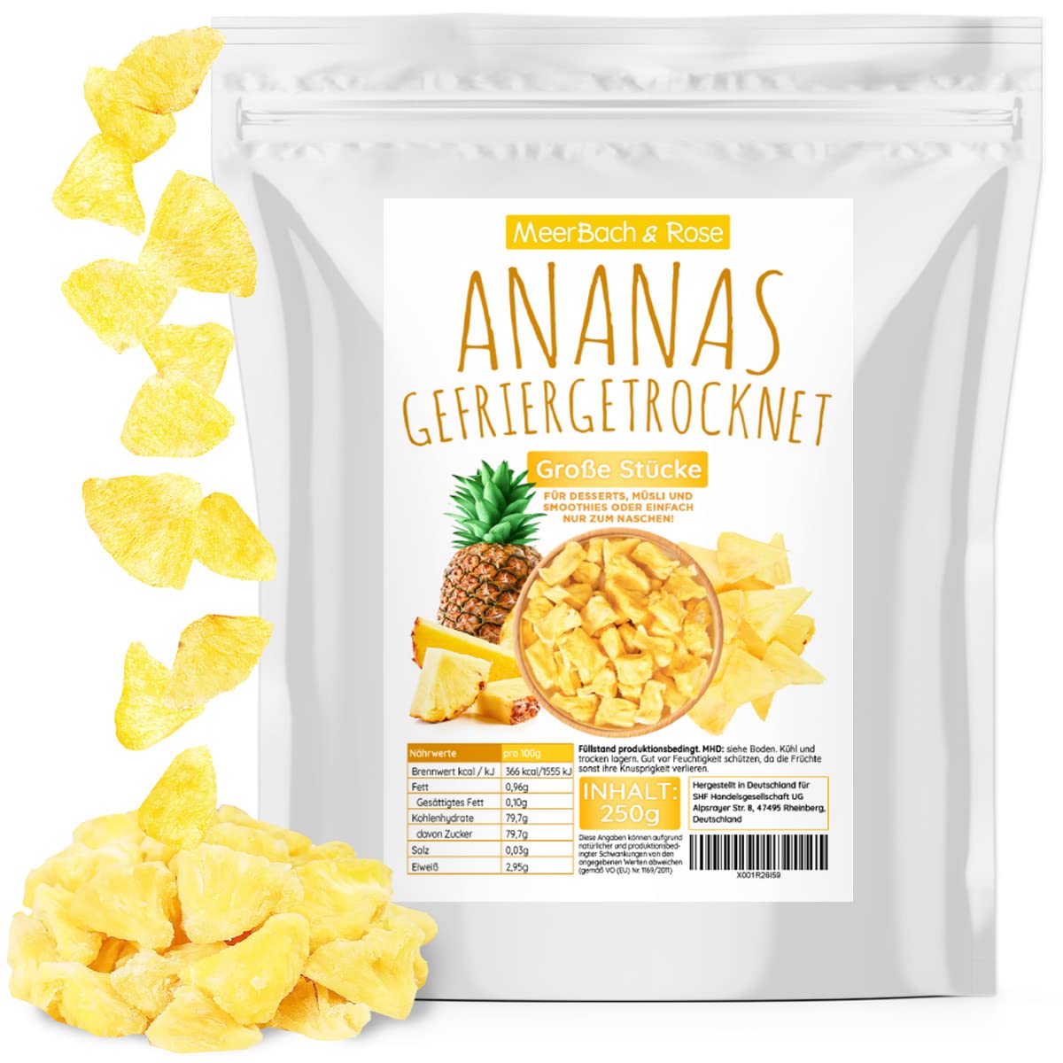 ANANAS GEFRIERGETROCKNET 250g, große Stücke, gefriergetrocknete Ananas Früchte in Scheiben, ungezuckert, fruchtige Ananasstücke, getrocknete Ananas