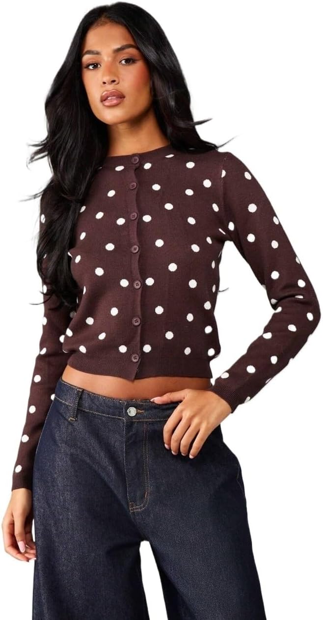 Women Dot Button Front Cardigan with Round Neck Long Sleeve Knit Sweater for Fall Winter Casual Office