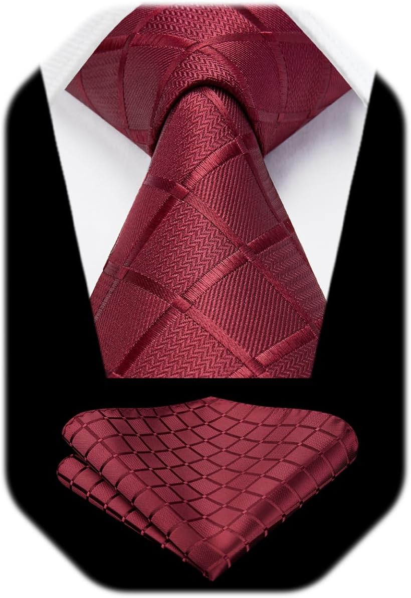 HISDERN Plaid Checkered Tie Handkerchief Woven Classic Formal Men's Necktie & Pocket Square Set