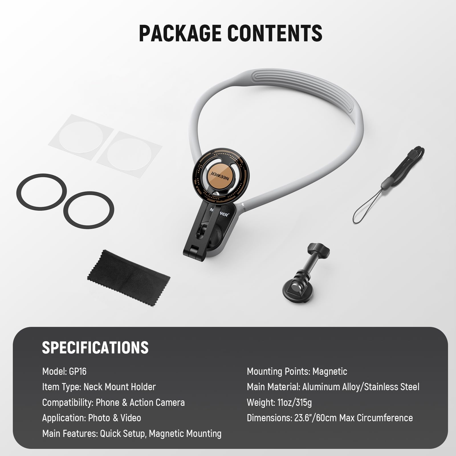 Neewer Support de Cou magnétique pour caméra/téléphone, Mains Libres,Support de Poitrine Compatible avec GoPro DJI Insta360 iPhone15 Android, Support de Cou pour téléphone pour POV Vlog, Gris, GP16