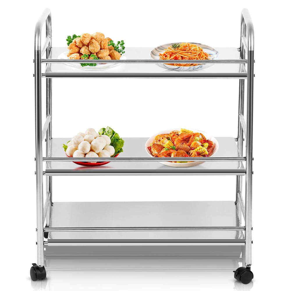 Carrito de Cocina de 3 Alturas, Acero Inoxidable Catering Mobiliario Hogar Hostelería Práctico Ruedas Giratorias Robusto Estable-Carrito Multiusos para Cocina y salón (60 x 36 x 74 cm)