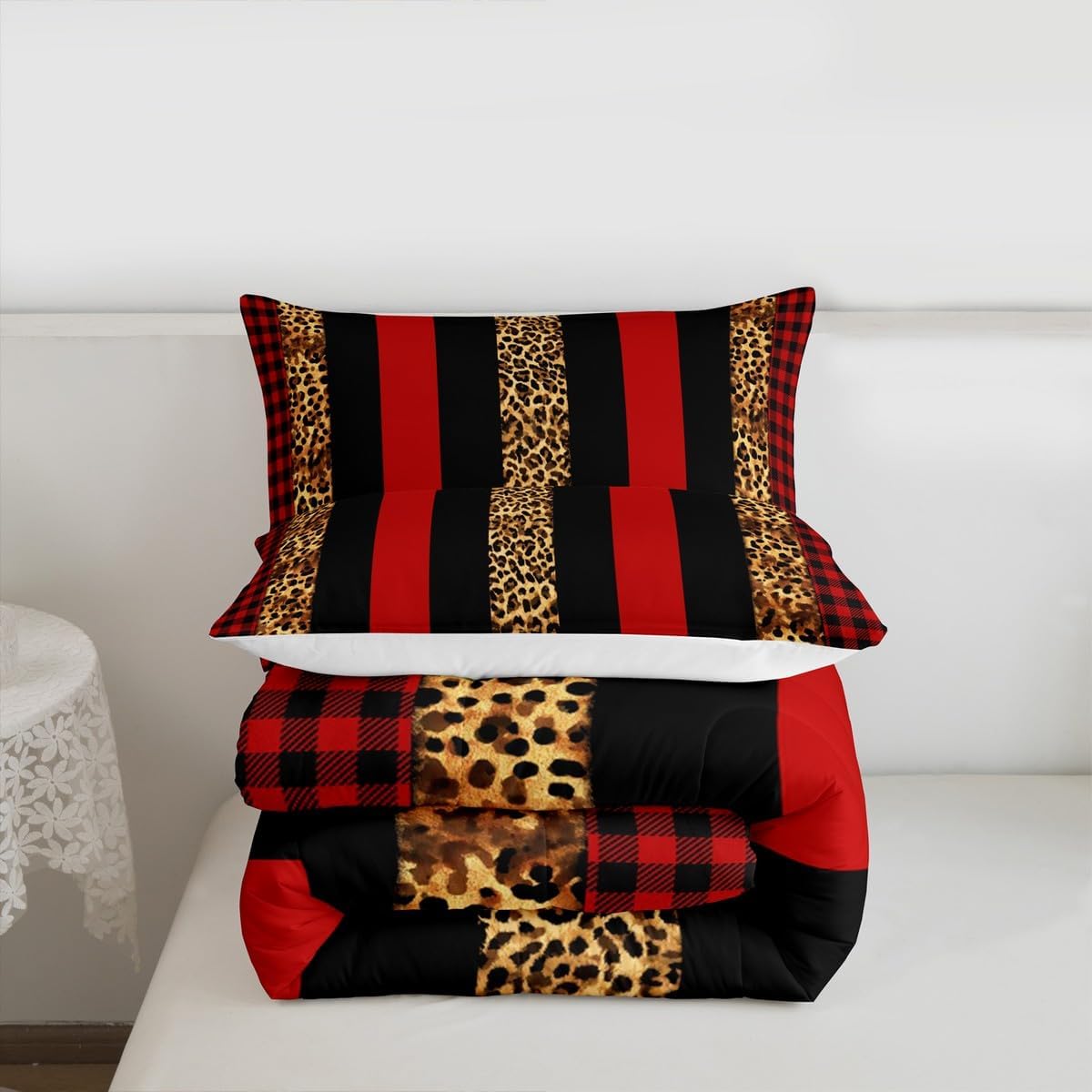 Manfei Leopard Print Comforter Set Queen Size, Red Brown Black Stripes Bedding Set 3pcs, Wild Animal Cheetah Skin Down Comforter for All Season, Kids Boys Girls Room Decor, 2 Pillowcases, No Sheets