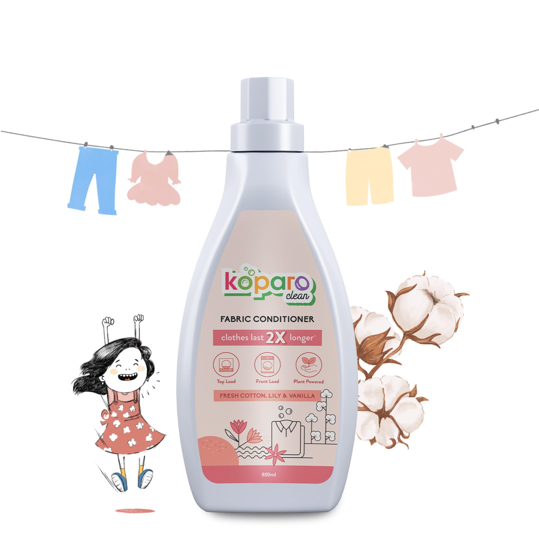Koparo Natural Liquid Fabric Conditioner & Softener|As Seen On Shark Tank|850Ml|Lily & Vanilla|Organic, Eco Friendly & Non Toxic|Top Load & Front Load|Protects Shine & Safe For Baby Clothes