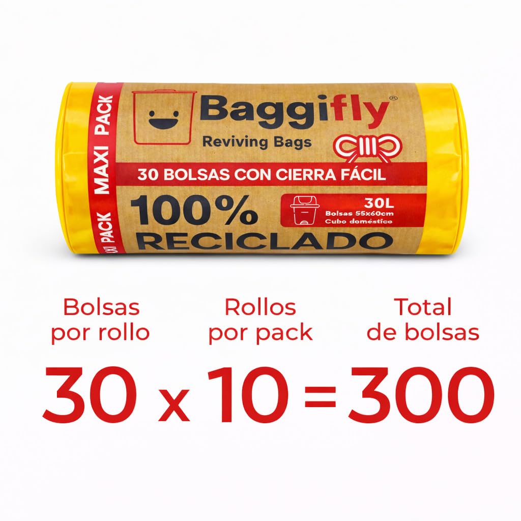 Baggifly, Bolsas de Basura 30L, 300 Bolsas Muy Resistentes, 100% Recicladas, Cierra Fácil, ECO Friendly, Uso Doméstico, Pack 10 x 30, Color Amarillo, Fabricado en España