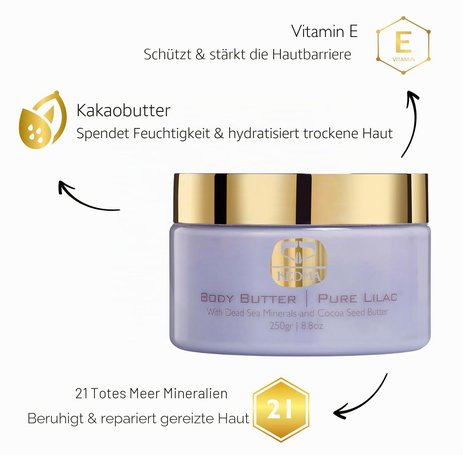 KEDMA - Körperbutter Pure Lilac für Trockene Haut - 250g | Pure-Lilac-Körperbutter pflegt trockene Haut intensiv und hinterlässt einen zarten floralen Duft.