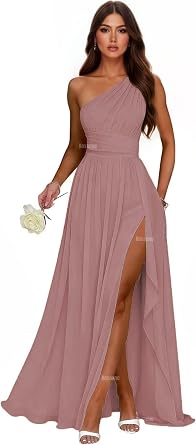 Roxanne One Shoulder Bridesmaid Dresses for Women Side Slit Formal Evening Dresses Long Chiffon Pleated Prom Gowns