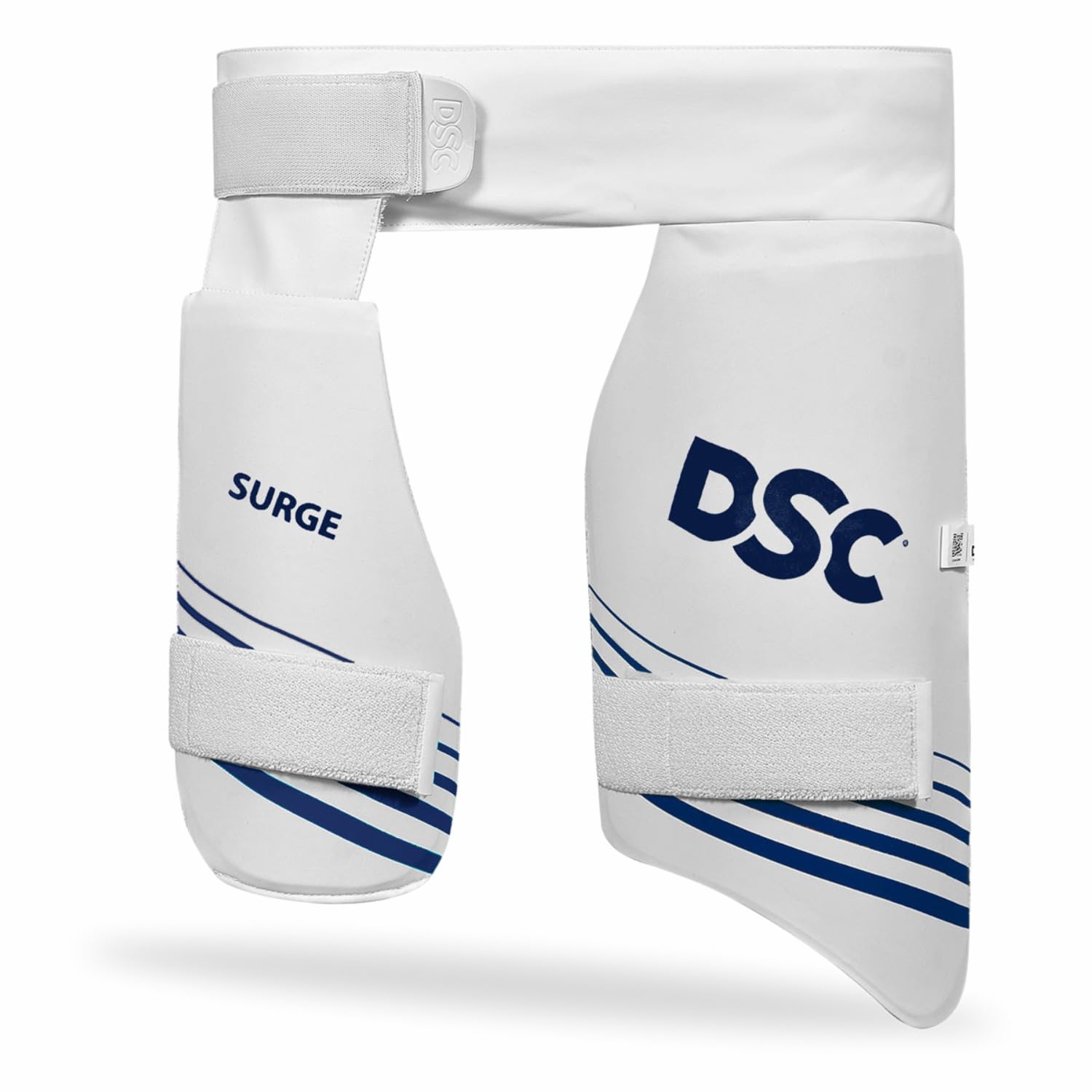DSC Surge Cricket Combo Thigh Pad | Long‑Lasting Protection | Towel Back Absorption | Wide Comfort-Fit Elasticated Straps | Material: PVC | Size: Boys RH | Color: White-Blue-image-25