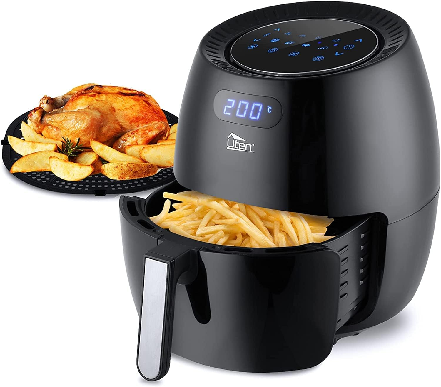 Uten Air Fryer, 6.5L Power Air Fryer with Digital Display, Rapid Air Circulation System Adjustable Temperature and 30 Minute Timer for Healthy Oil Free & Low Fat 1800W