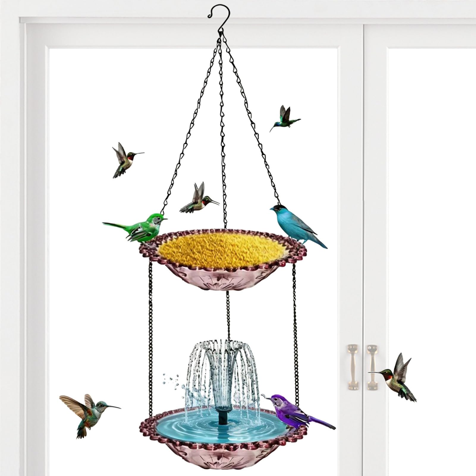 Fontana Solare per Uccelli con Bagno Cascata da Giardino con Mangiatoia | Fontana Solare per Uccelli per Terrazzo Giardino Cortile Balcone Arredo Esterno Paesaggistica
