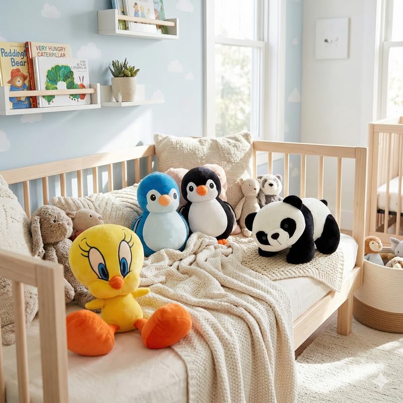 Image of HUG 'n' FEEL SOFT TOYS Cute Soft Toy Combo Pack of 4 - Small Panda, Tweety Bird, Black Penguin & Blue Penguin Plush Toys | Mini Stuffed Animals for Kids, Gift Set for Birthday & Return Gifts