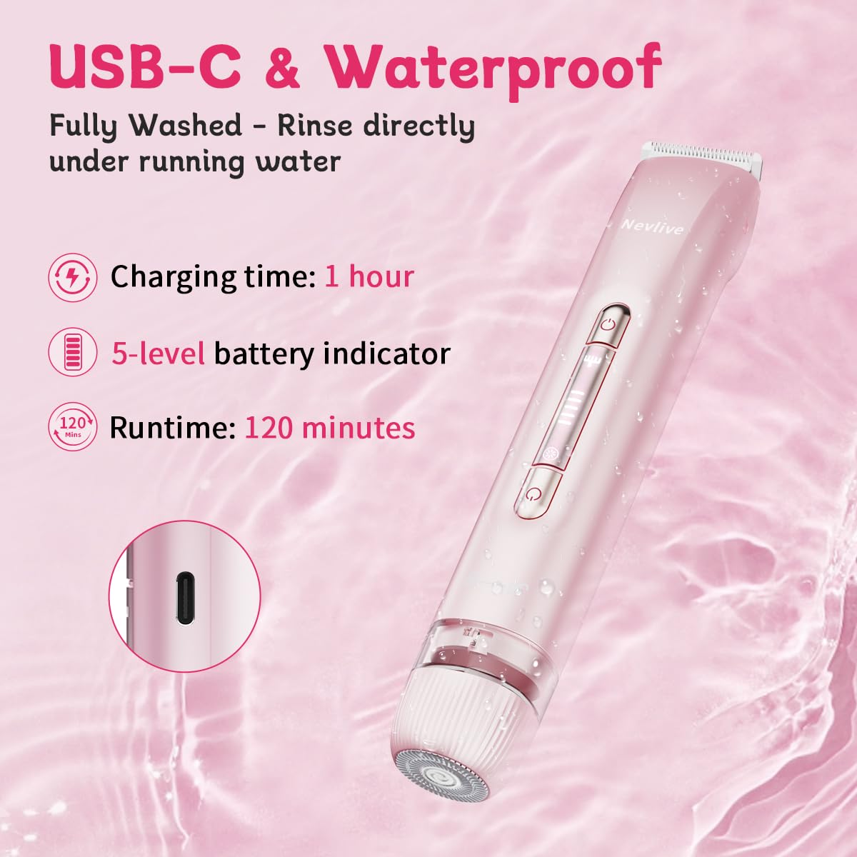 Recortadora de bikini para mujer, afeitadora eléctrica 2 en 1 para línea de bikini y áreas sensibles - Maquinilla de afeitar impermeable IPX7 para axilas, piernas, brazos, cuerpo y cara, recargable 4