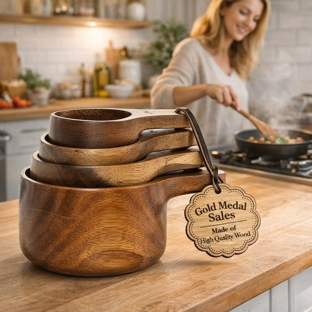 4/8 Pcs Acacia Wooden Measuring Cups and Spoons Set,4 Size Stackable Kitchen Measure Tool with Handle, Baking and Cooking Measuring Set, Handcrafted with Polish Finish (8 PCS)