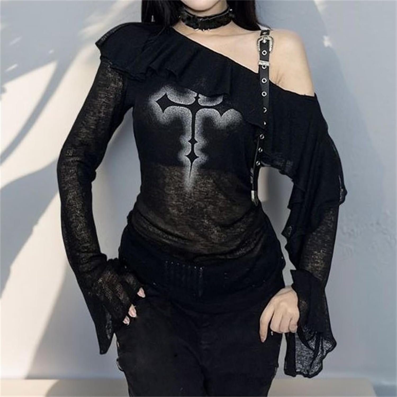 Goth Off Shoulder T Shirt for Women Y2k Ruffle Fairy Grunge Punk Cute Emo Split Bell Long Sleeve Tops Hippie - Image 2