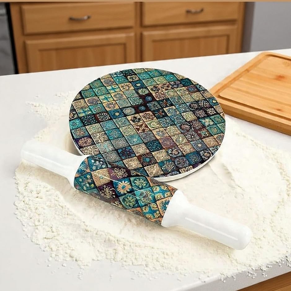 Image of Marble Chakla Belan Set - 25.4 cm Board / 30.5 cm Rolling Pin | Hena Green Design | Traditional Roti Rolling Board and Pin Set | Smooth Finish Kitchen Tool for Chapati, Paratha & Puri