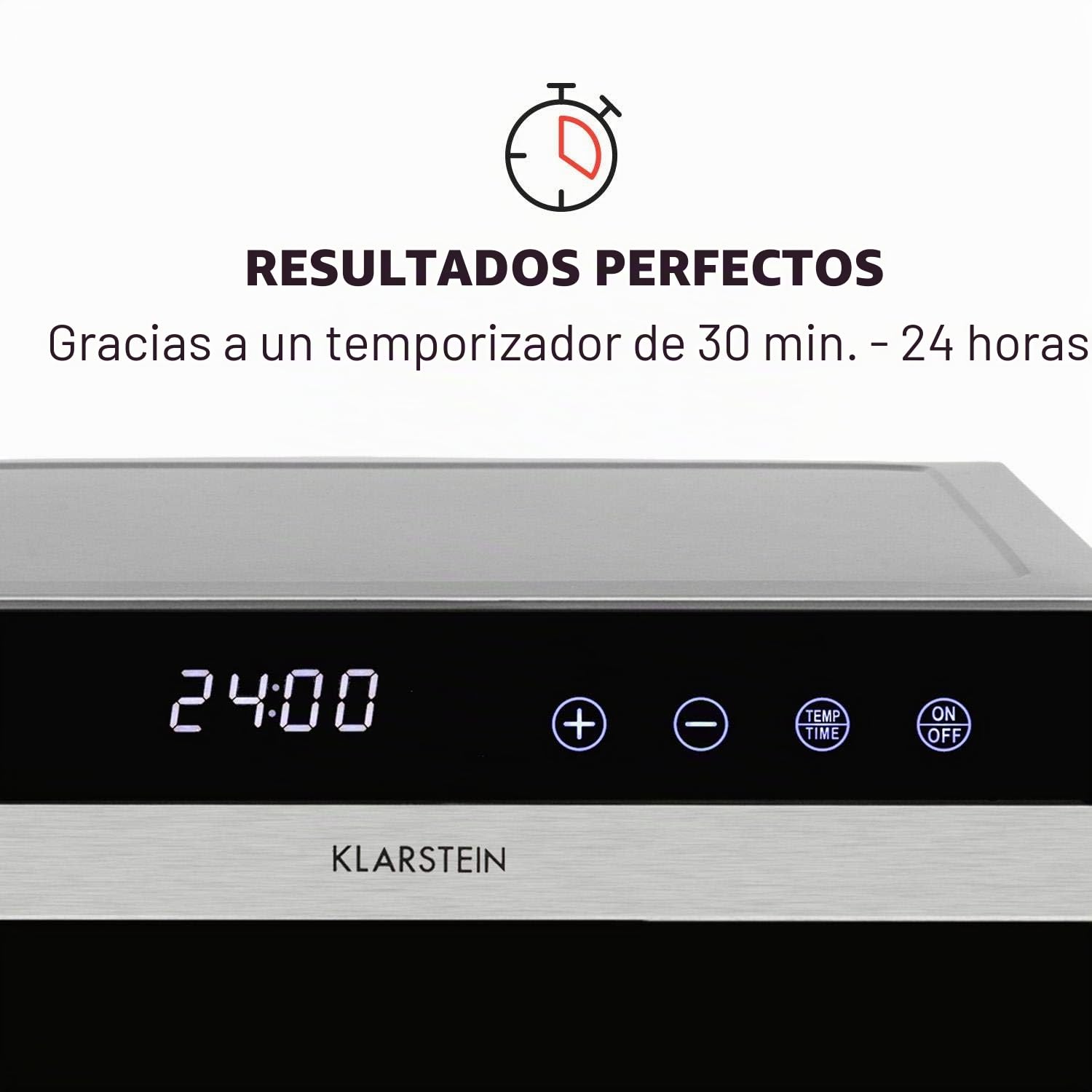 Klarstein Flavour Dry Deshidratadora de alimentos - Carcasa de acero inoxidable, 6 baldas, Temperatura 35-70 °C, Pantalla táctil LCD, 360° Airflow Circulation, Termostato digital, Frontal negro