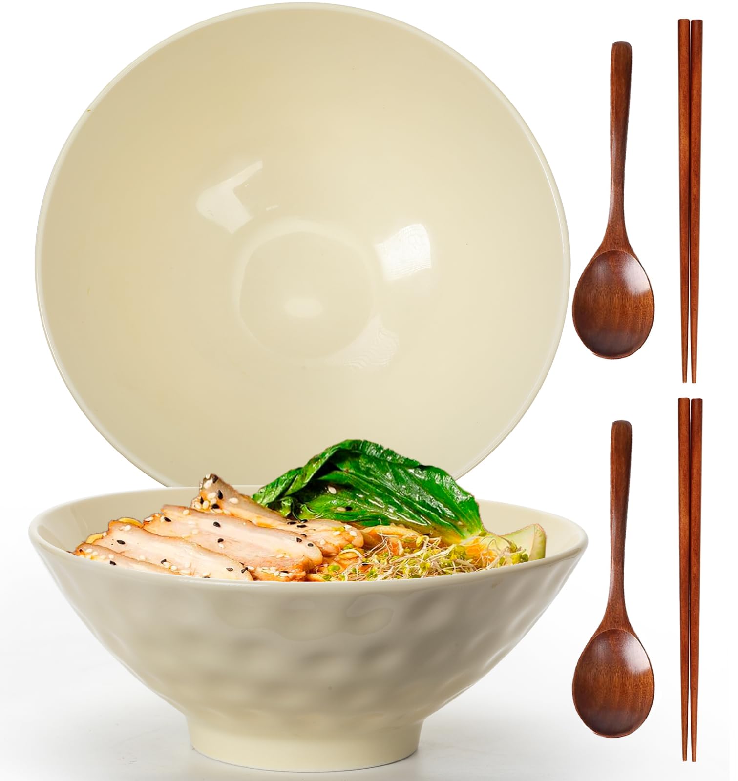 TuYines Ramen Bowls Set of 2, 1200ML Ceramic Ramen Bowls with Spoons and Chopsticks,Japanese RamenBowl,Porcelain Salad Bowls for soups, Salads, Rice Noodles