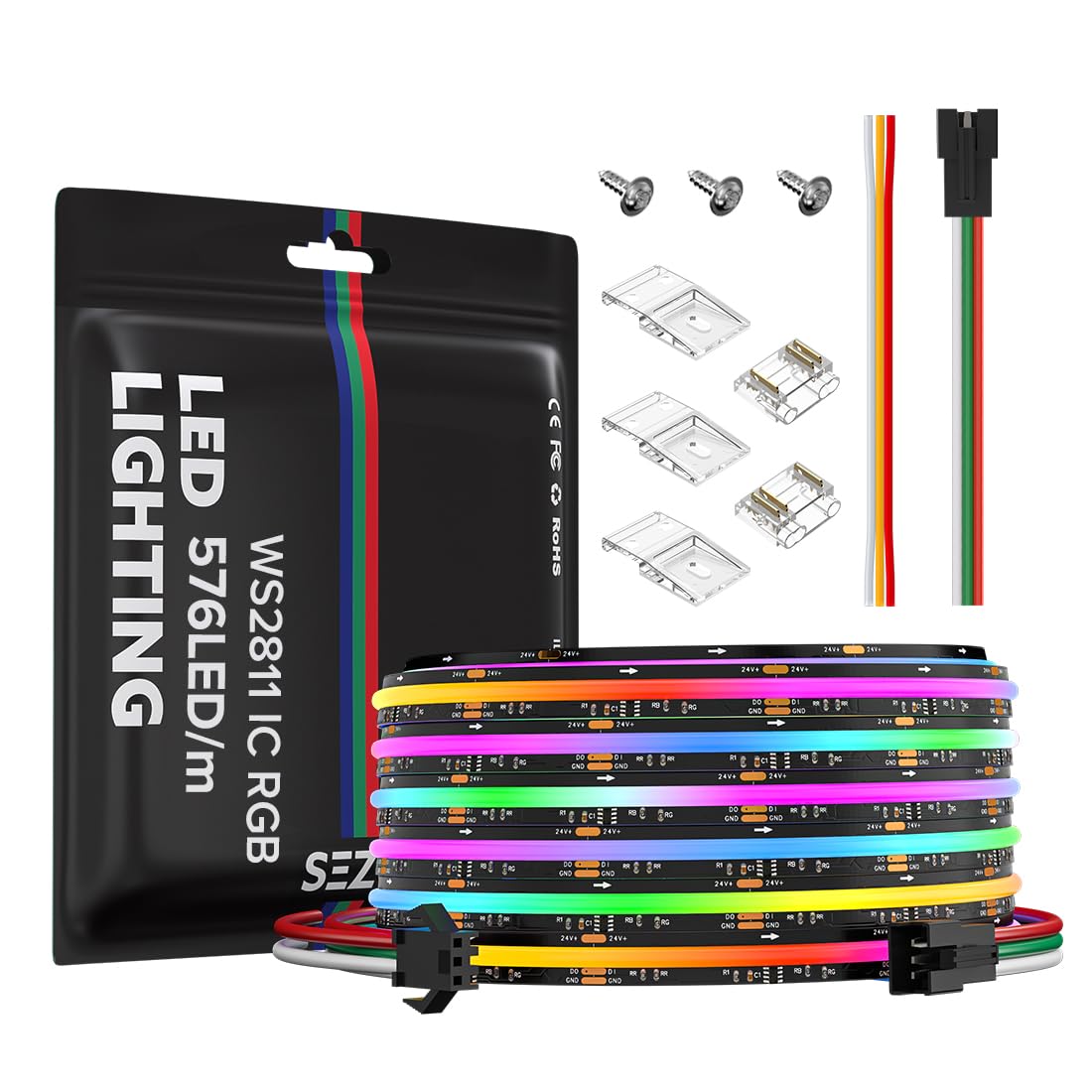 SEZO 24V FCOB COB WS2811 IC RGB LED Bande Lumineuse 5M 576LEDs/m Lumière Haute Densité Pixel Couleur Rêve Bande LED Largeur 10mm IP30 Non étanche PCB Noir Pour Home Party DIY