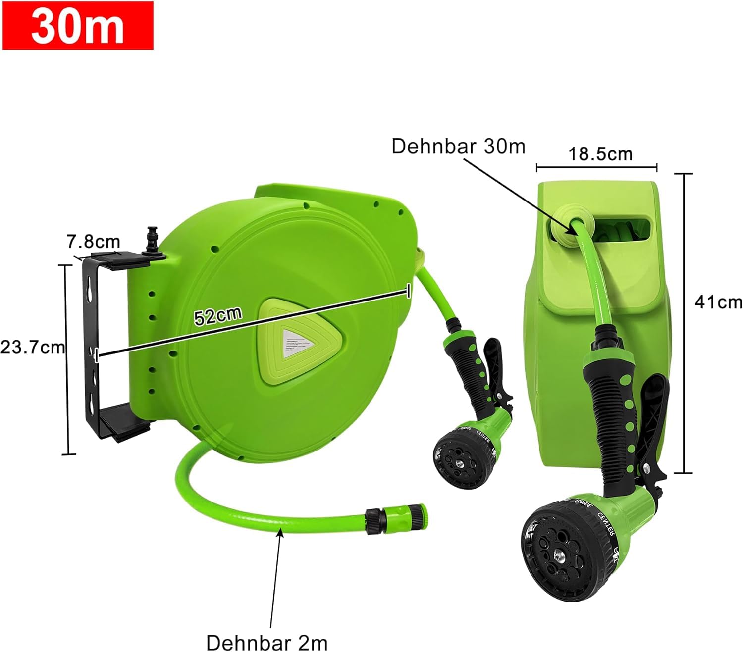 UISEBRT Avvolgitubo 30 + 2 m, Scatolone per Tubo da Giardino - Scatolone per Tubo Orientabile a 180° con Supporto a Parete, Tamburo Automatico per Tubo dell'Acqua per Giardino, Irrigazione, Lavaggio