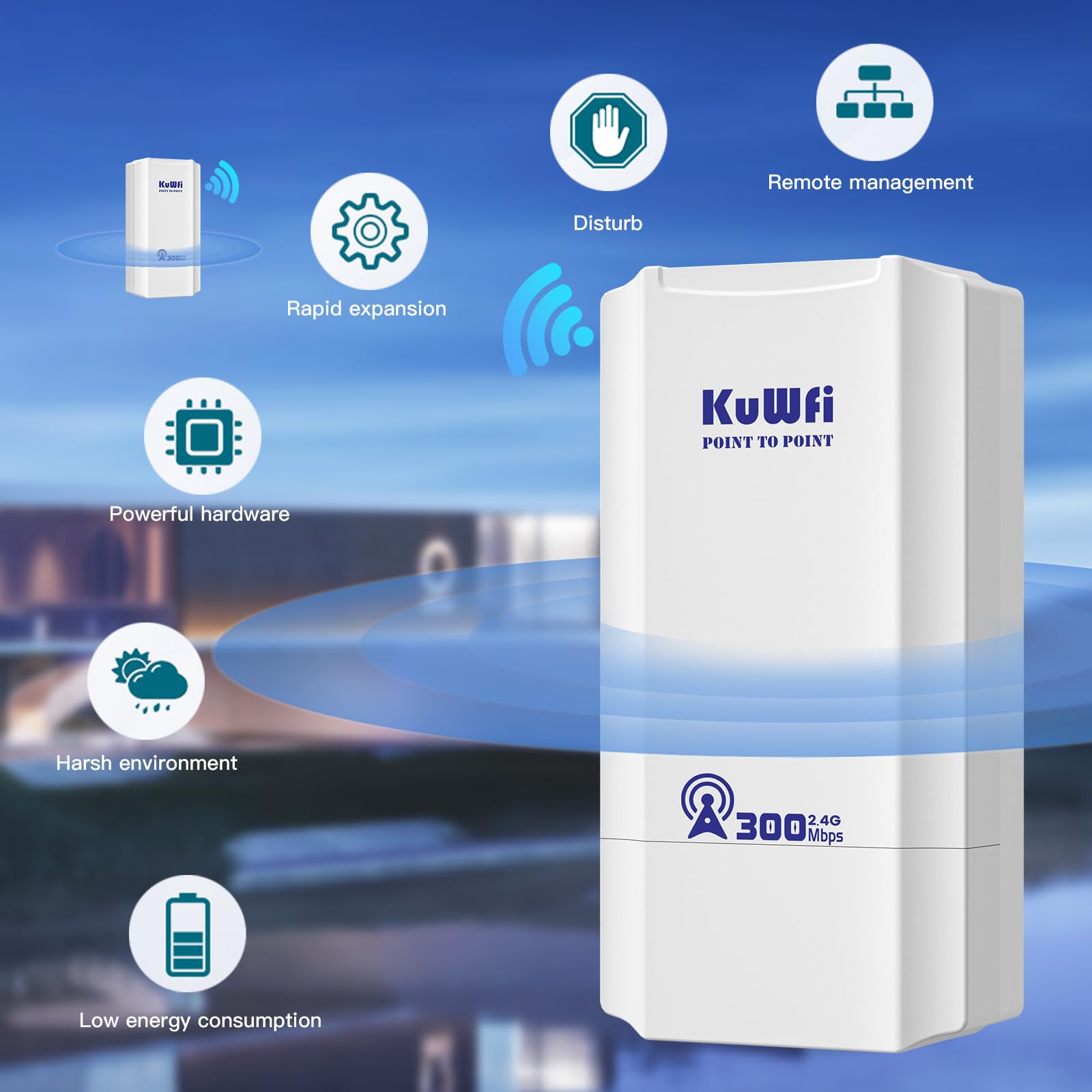 Externer Zugriffspunkt, KuWFi 2.4G Wireless Brücke 300Mbps,8dBi Externe Wifi Antenne CPE mit LED-Display zur Konfiguration des WDS PT/PTMP,1KM Long Range Point to Point WiFi für Übertragung/Kamera