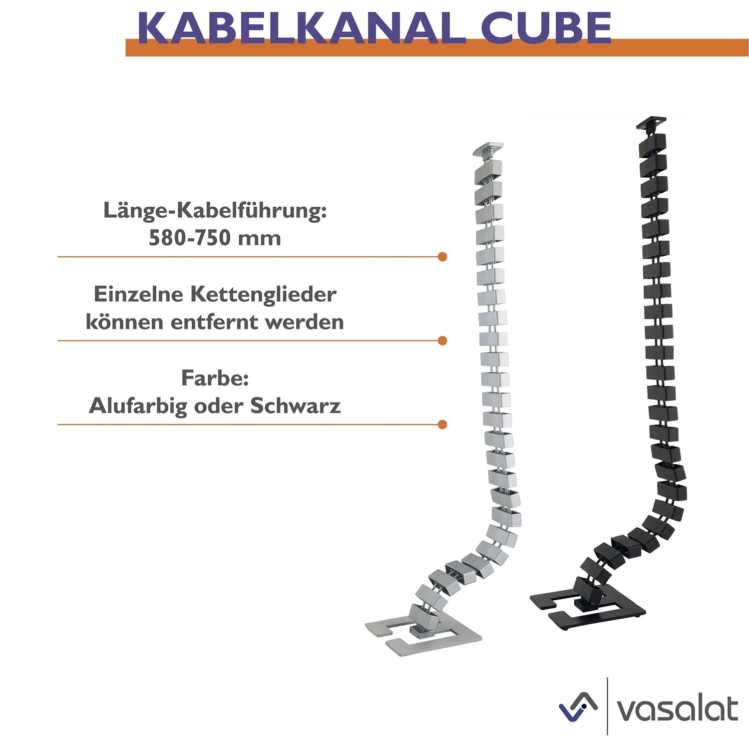 vasalat Set completo di passacavi da scrivania, con passacavi, 90 x 90 mm, canalina magnetica per cavi, clip di fissaggio e magneti, colore alluminio, lunghezza 580-750 mm