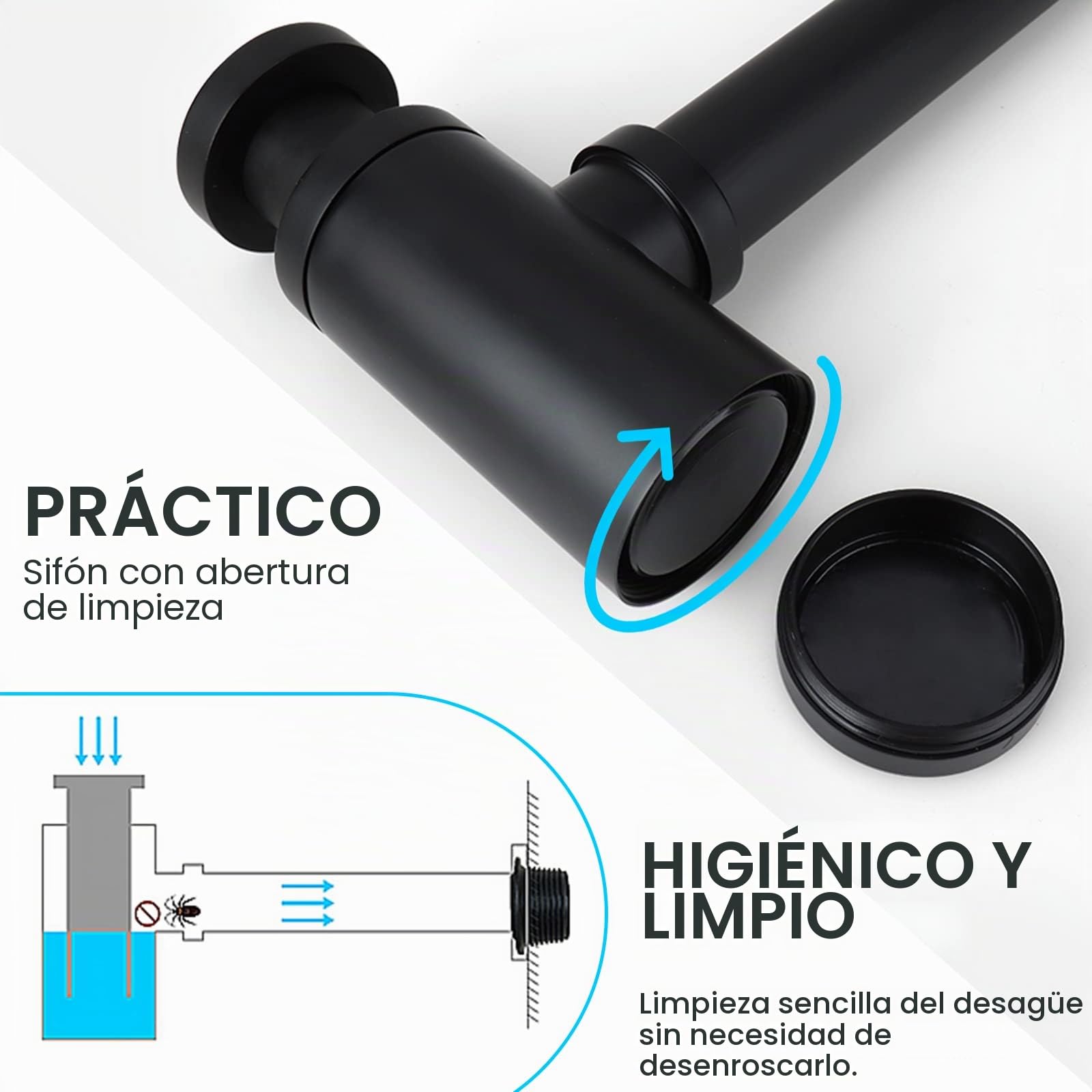 Design Sifón Universal para Lavabo y Fregadero Negro Mate, Accesorio de Desagüe Ajuste Perfecto, Tapón de Olor Redondo con Abertura de Limpieza, Sifón de Diseño Tubular