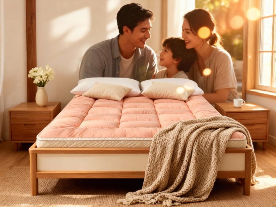 Portable Folding Futon Mattress Soft Futon Roll-Up Sleeping Pad, Breathable Non-Slip Camping Mat for Home and Camping, Foldable Sofa Bed Pad with Premium Support (Pink, Twin Size)