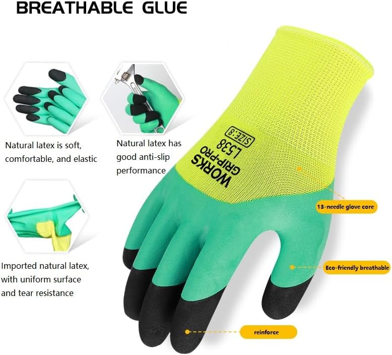 Safety Work Gloves, Green and Yellow, Latex Rubber Coated, Size 8, for Construction, Gardening, Warehouse, Assembly - Image 4