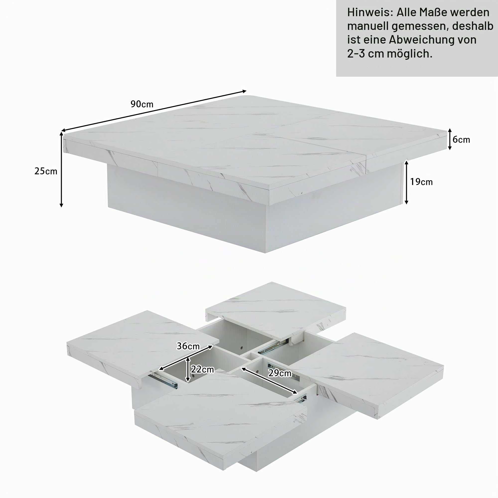 BTM Moderner Weißer Quadratischer Couchtisch mit Marmor-Optik, 90 x 90 x 25 cm – Vier Schubladen, Schiebbarer Tischplatte, Belastbar bis 30 kg