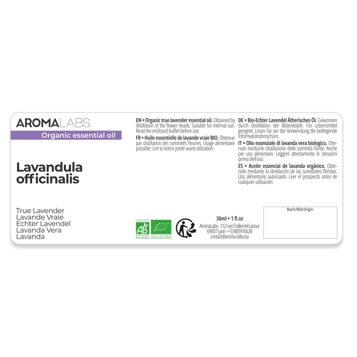 Lavanda Vera BIO (Lavandula officinalis) - 30 mL - Olio Essenziale Chemiotipizzato e Certificato AB - Distensione & Rilassamento - Aroma Labs - Made in France