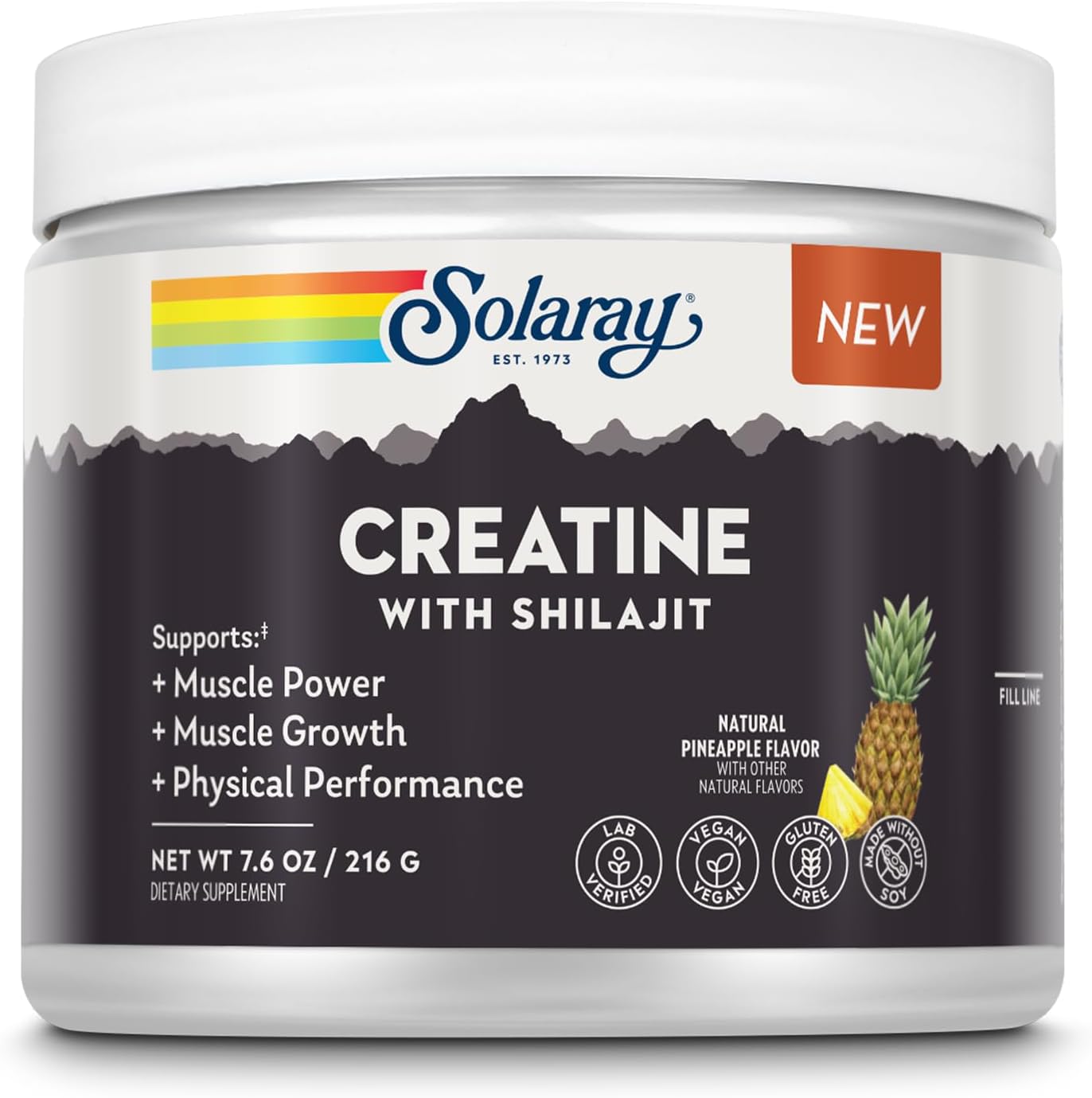 SOLARAY Creatine with Shilajit – Muscle Power and Growth Support with Creatine Monohydrate and L-Leucine Amino Acids – Natural Pineapple Flavor – Vegan, Gluten Free – 30 Servings, 7.6 OZ