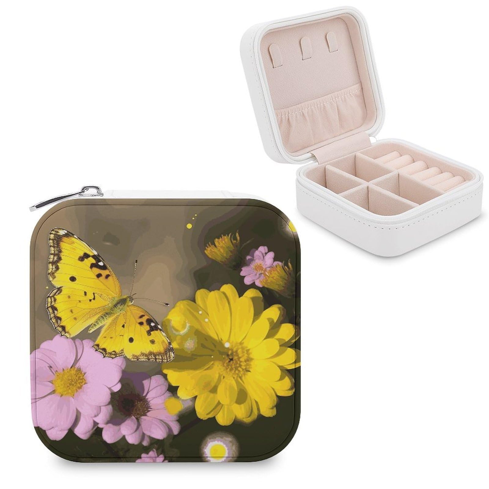 FekiLoot Yellow Butterfly And Flower Travel Jewelry Box Small Jewelry Organizer Storage Case Portable PU Leather Mini Jewellry Travel Case Necklace Ring Storage Organizer Gift for Women