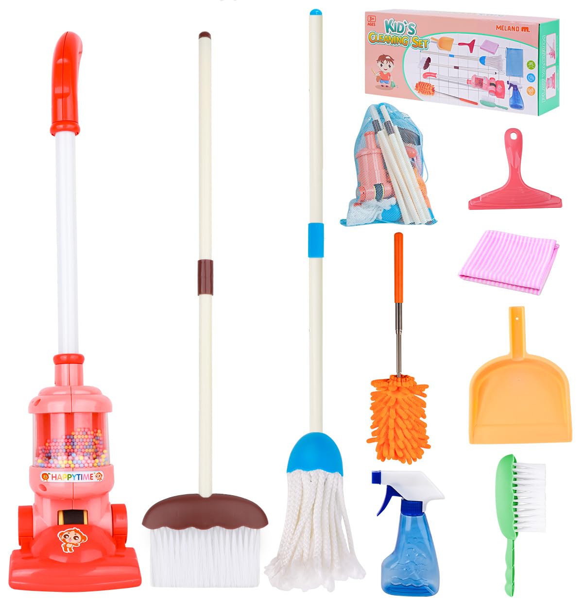 Kids Cleaning Set - 8Pcs Toddler Broom and Toy Vacuum Cleaner, Pretend Play Children House Cleaning Toys, Christmas Birthday Gift for Girls and Boys