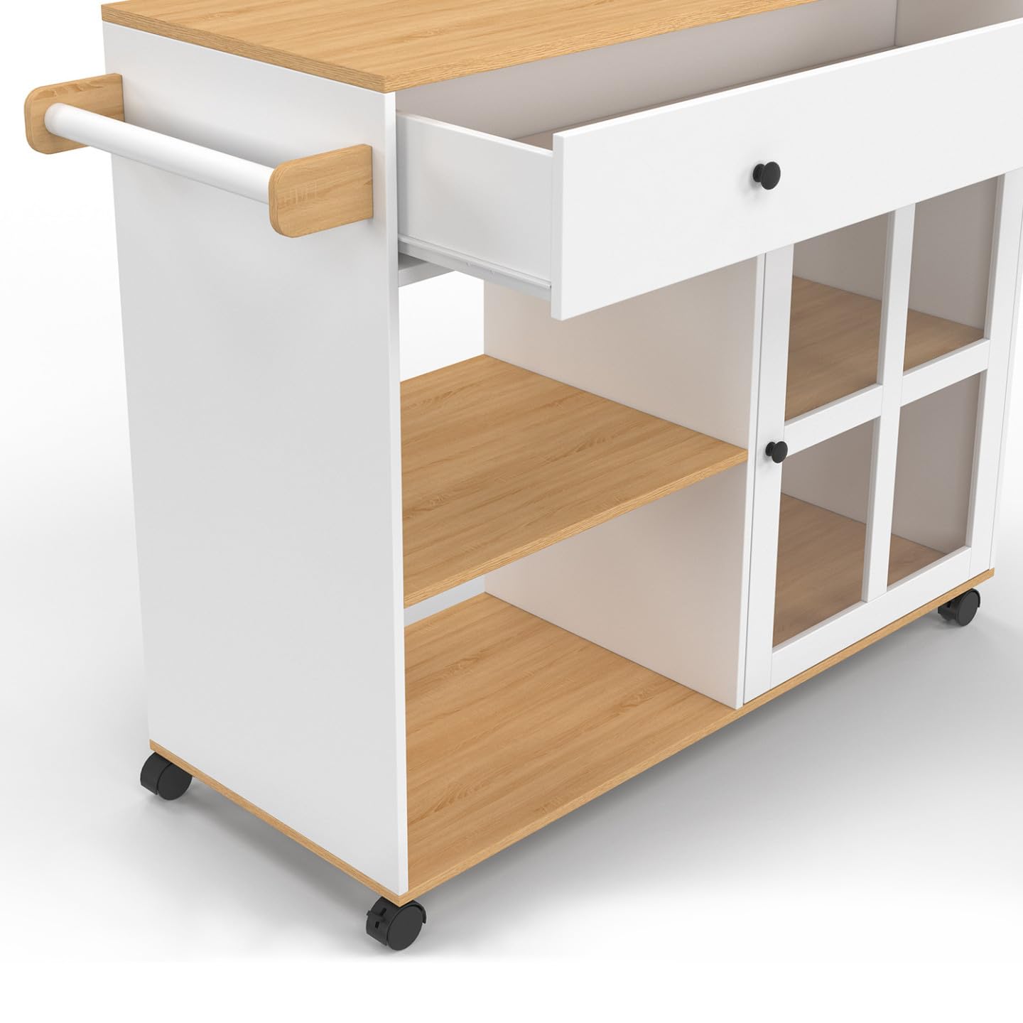 IDMarket - Carrito de cocina ACHILLE XXL con estantería y armario acristalado en madera y blanco L.100 CM