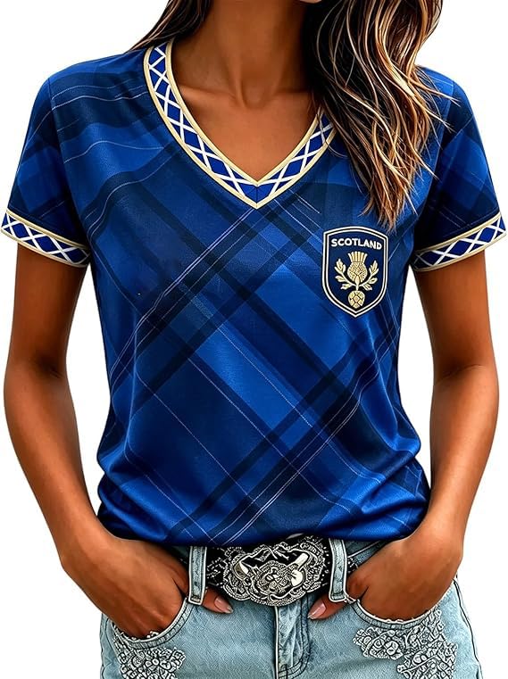 Scotland Fan Football Shirt Womens World Cup 2026 Short Sleeve Jersey Retro Graphic Printed V-Neck England Football Top Ladies Scotland T-Shirt Lightweight Fashion Summer Sports Clothing