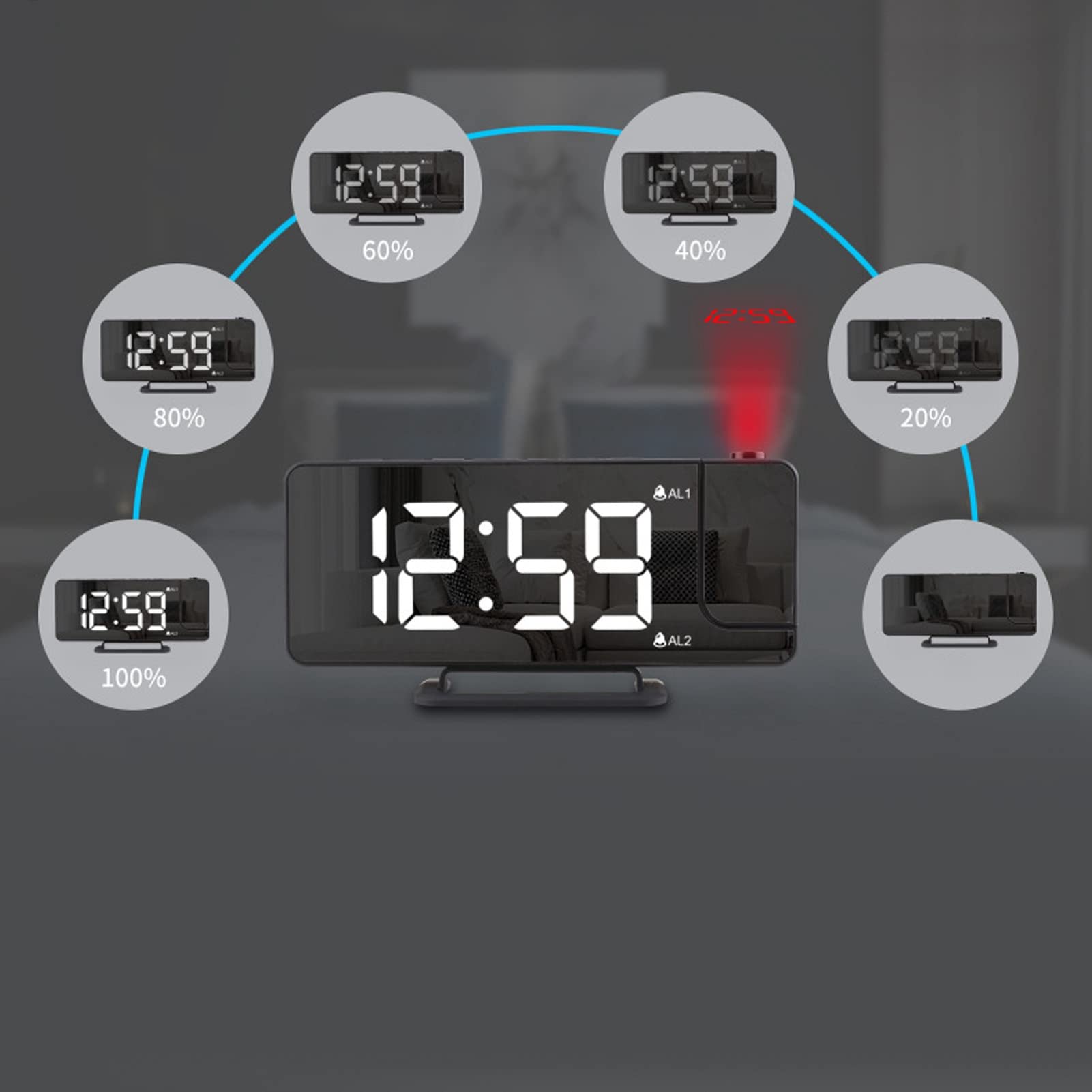 Sveglia a proiezione, Sveglia Digitale a Specchio con 6 Ingranaggi Luminosi LED da Comodino Ricaricabile per Camera da Letto