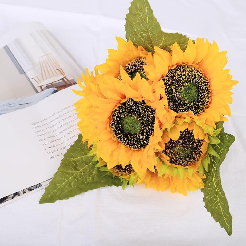 Miniatura 5 de 8 girasoles artificiales de tallo largo de seda falsos girasoles amarillos para decoración al aire libre, jardín, hogar, boda, fiesta de cumpleaños,