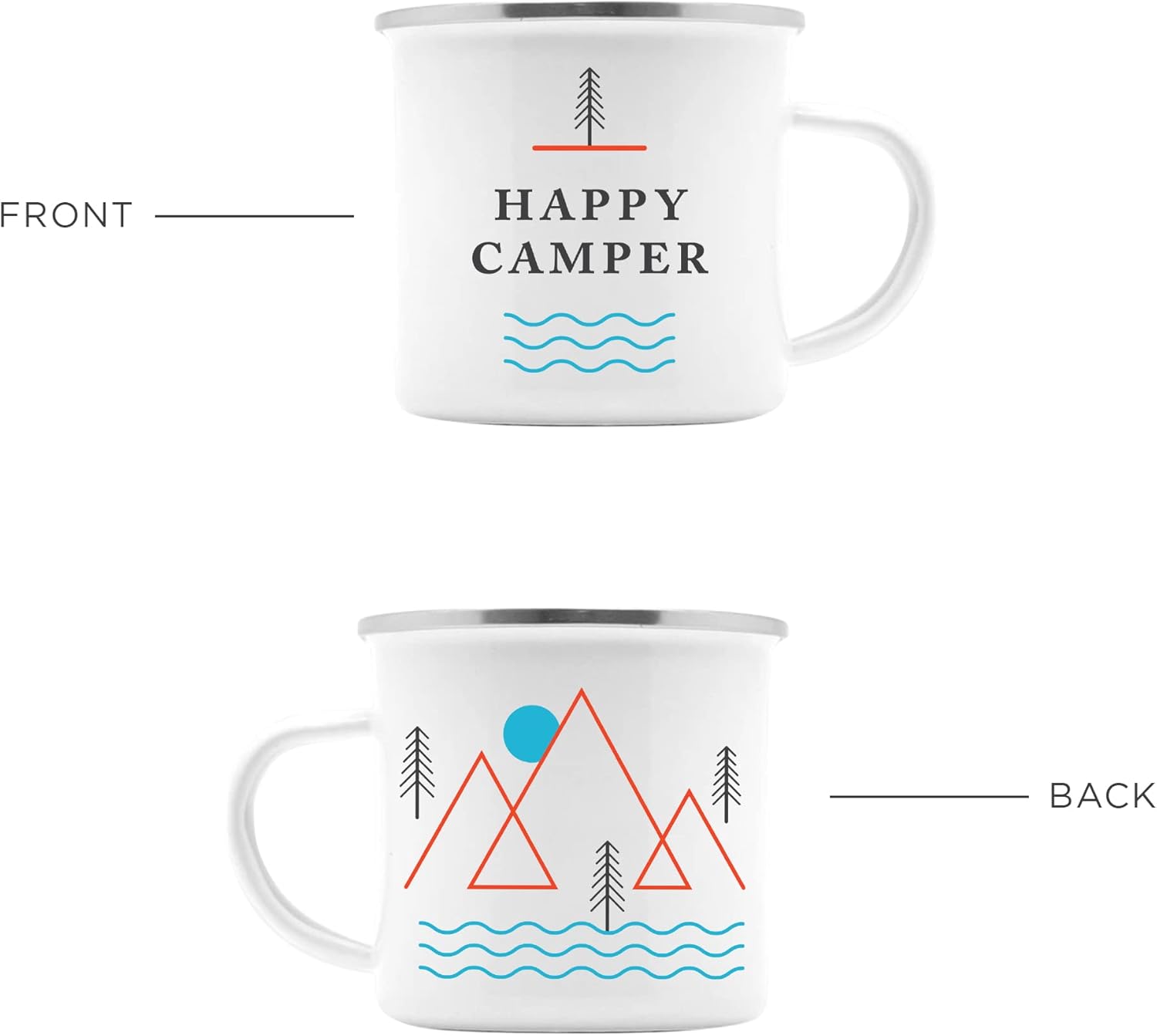 Journo Happy Camper Enamel Camping Mug - White, 10 Ounce (295 ml), Eco-Friendly Camp Mugs Perfect For Hot Morning Coffee Or Cool Campfire Whiskey. (Two Unique Styles To Choose From Travel Gear.) …