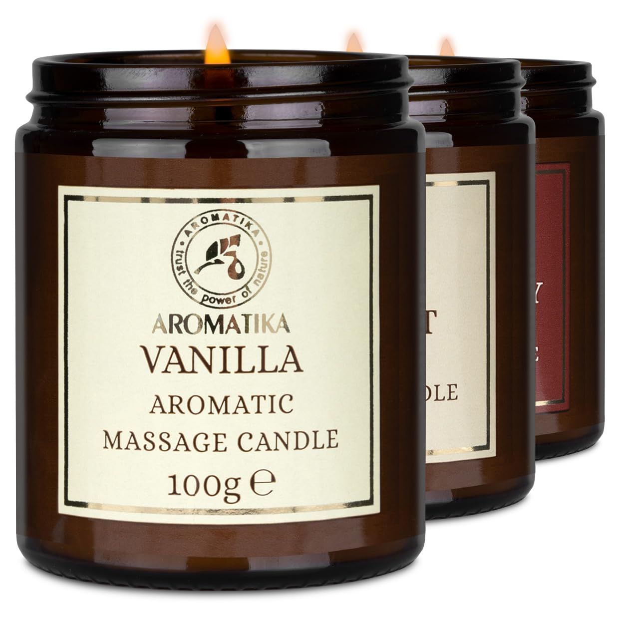 Vela de Masaje Set Vainilla Coco Fresa 3x100g Cera de Soja Aceites de Coco Almendras Monoi Tahiti Aromaterapia Calmante