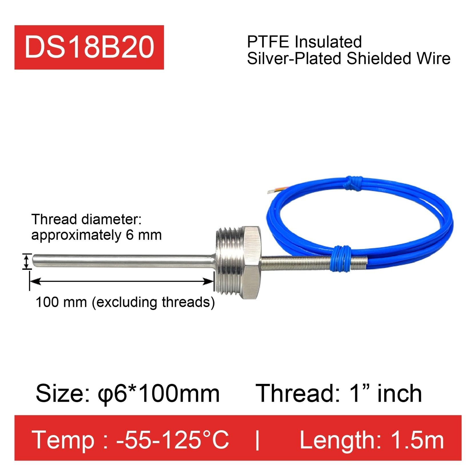 DS18B20 Wodoodporny czujnik temperatury Sonda ze stali nierdzewnej, cyfrowy termometr z gwintem PTFE do zastosowań przemysłowych | L-pt1 6-100MM