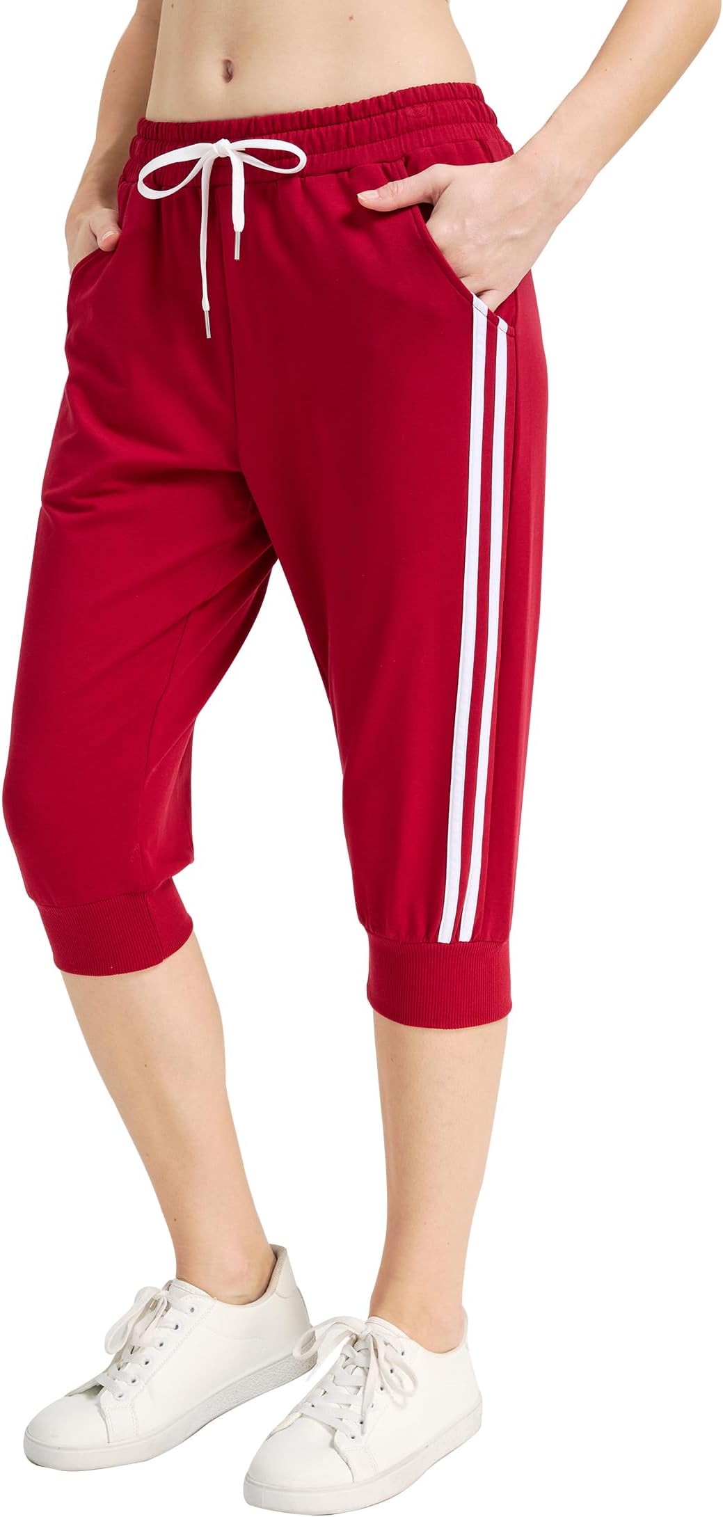 Women's Cotton Jogger Pockets 7/8 Length Capri Sweatpants, Soft Lounge Gym Running Elastic Waist Pants