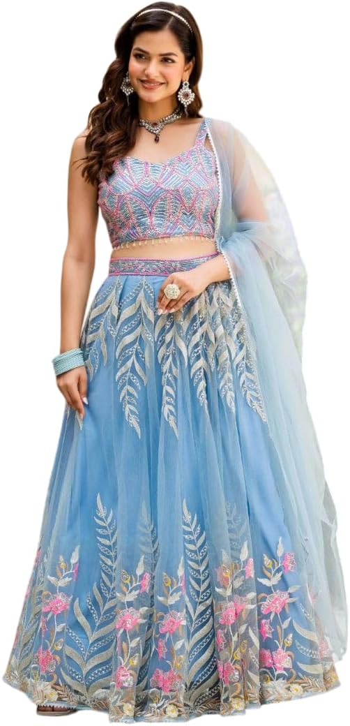 Lehenga Choli for Women, Lavender Embroidered Flared Skirt with Blouse and Dupatta, Indian Ethnic Wear