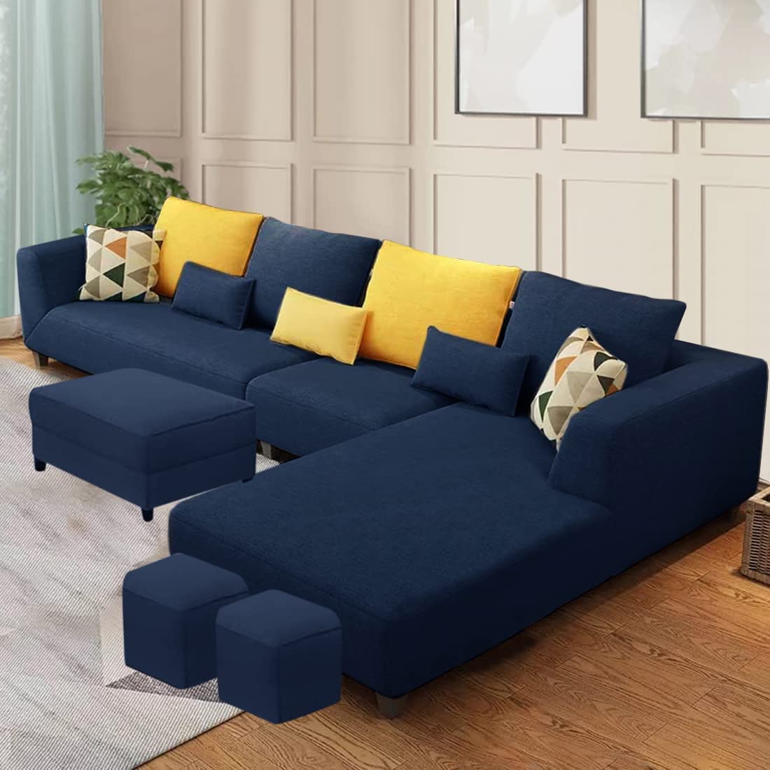 FURNY Menax 8 Seater Fabric RHS L Shape Sofa Set with 1 Centre Table & 2 Puffy (Dark Blue)