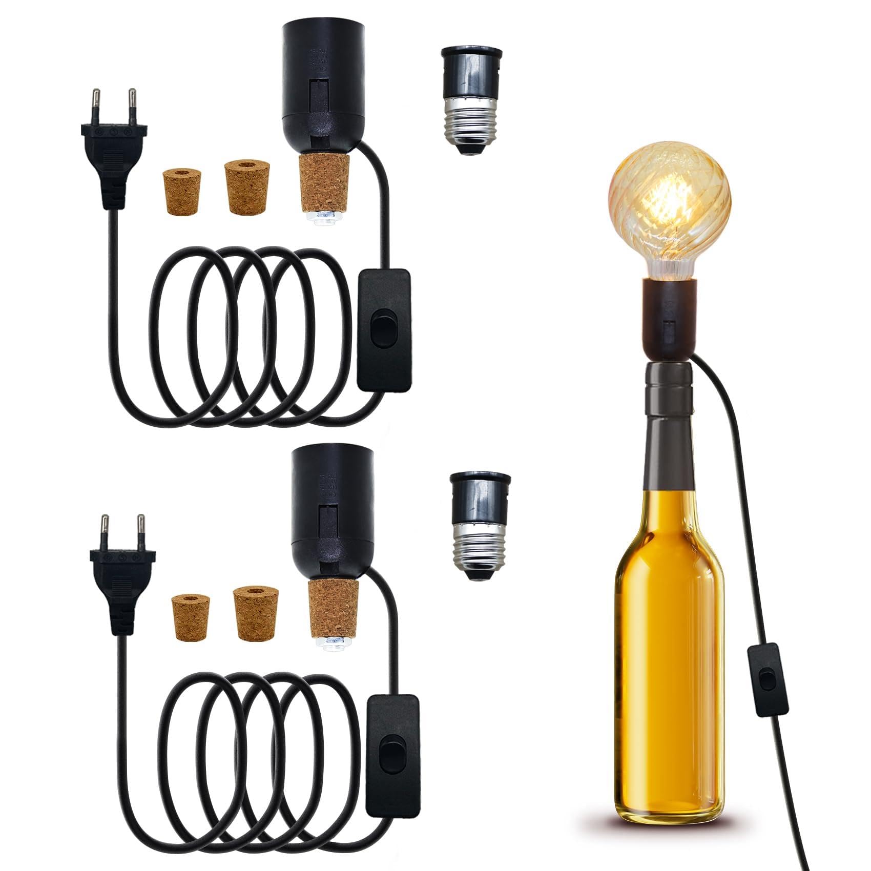 LAKONEI 2 Pack DIY E27 Bottle Lamp Kit with Switch & Plug, E27 Bottle Light Socket with 3 Size Stoppers & B22 Converter 240cm Extension Cord for Creative Table Lamp Making (No Bulb)