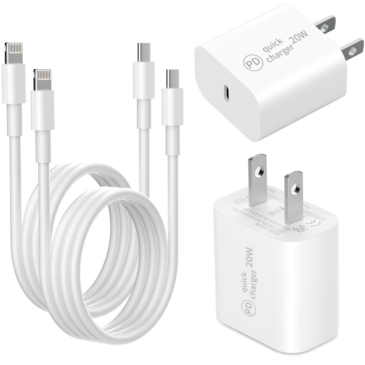 [UL Certified & MFi Certified] 2Packs 20W PD Power Adapter Wall Charger Fast Charging, USB C Wall Charger Block with 2Packs 6Feet USB-C Charging Cables