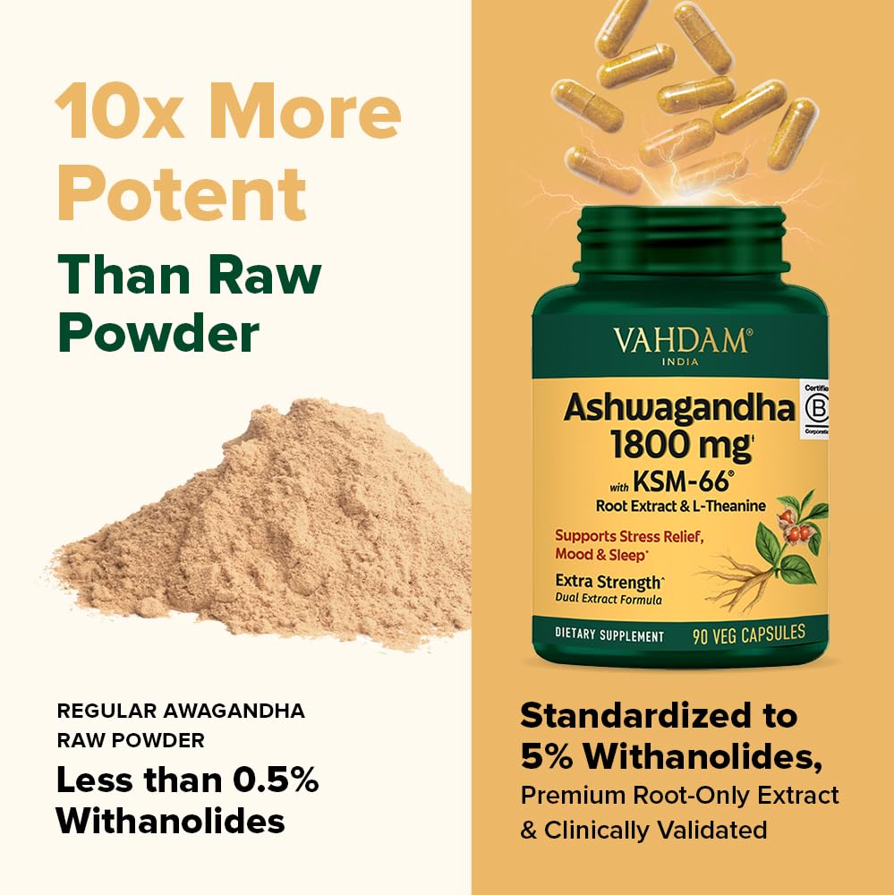 VAHDAM Ashwagandha Supplement 1800mg with Ashwagandha Root Extract and L-Theanine | Support Stress Relief, Mood and Sleep | 90 Capsules