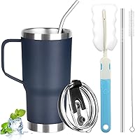 Vista 10 de Vaso de 20 onzas con asa, vaso aislado de acero inoxidable con tapa y pajilla, taza de café aislada al vacío de doble pared, taza térmica de café