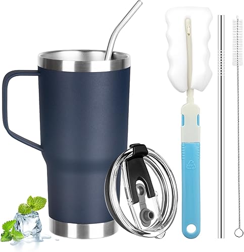 Miniatura 12 de Vaso de 20 onzas con asa, vaso aislado de acero inoxidable con tapa y popote, taza de café de doble pared con aislamiento al vacío, taza térmica