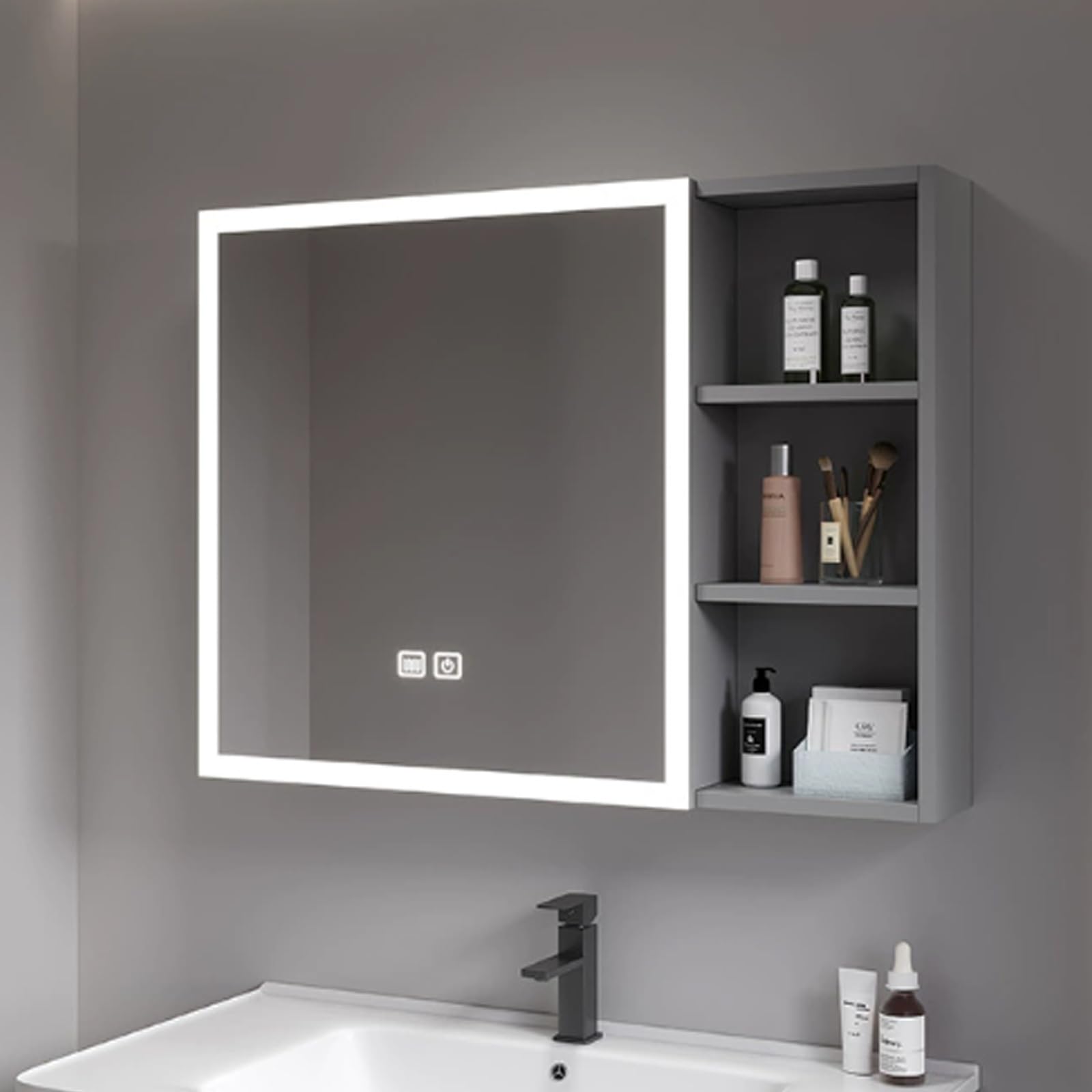 Lustro łazienkowe LED z szafką do przechowywania, przeciwmgielne, inteligentne lusterko do makijażu, do szafki na lekarstwa, aluminiowe, nowoczesne, do użytku domowego