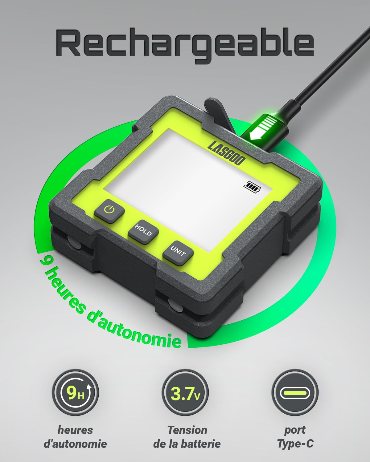 LASGOO Mesureur d'angle numérique, Inclinomètre magnétique rechargeable avec écran LCD, 4 unités de mesure pour la menuiserie, le bâtiment, la maçonnerie et l'automobile