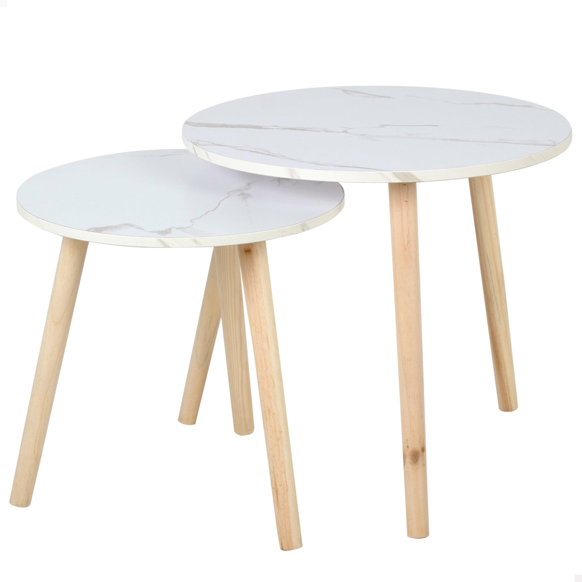 AKTIVE MAX Home Set of 2 Side Tables, D40 x 44 cm and D50 x 50 cm, Maximum Weight Supported 5 kg, Nest, White, Natural Wood Legs, for Living Room, Dining Room, Office (18512)